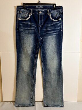 Grace in LA Woman P-Straight Dark Blue Wash Embroidered Stitching Jeans Size 19